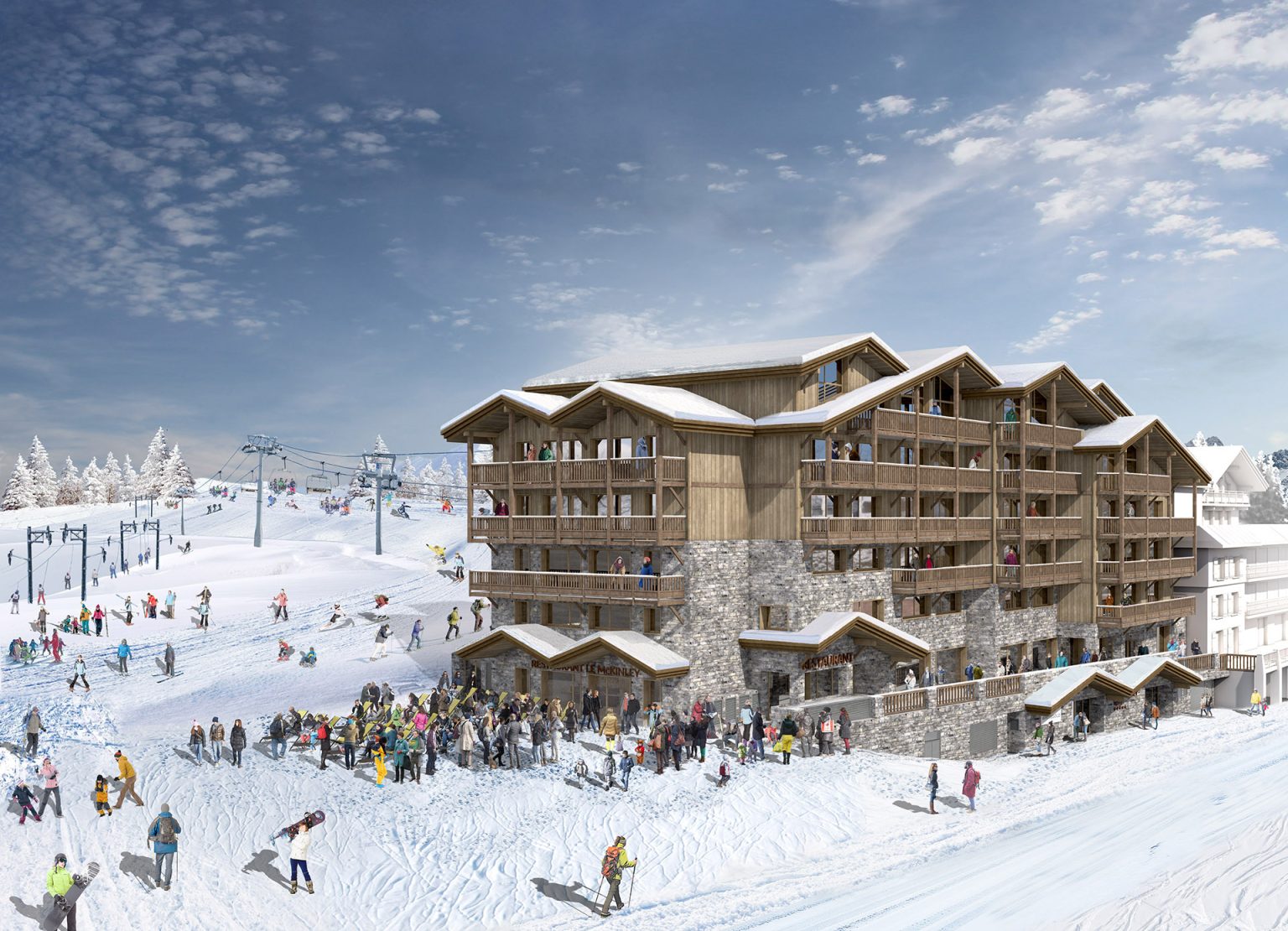 visualisation architecturale 3d du futur projet de l'hotel le McKinley - station de ski La Rosière