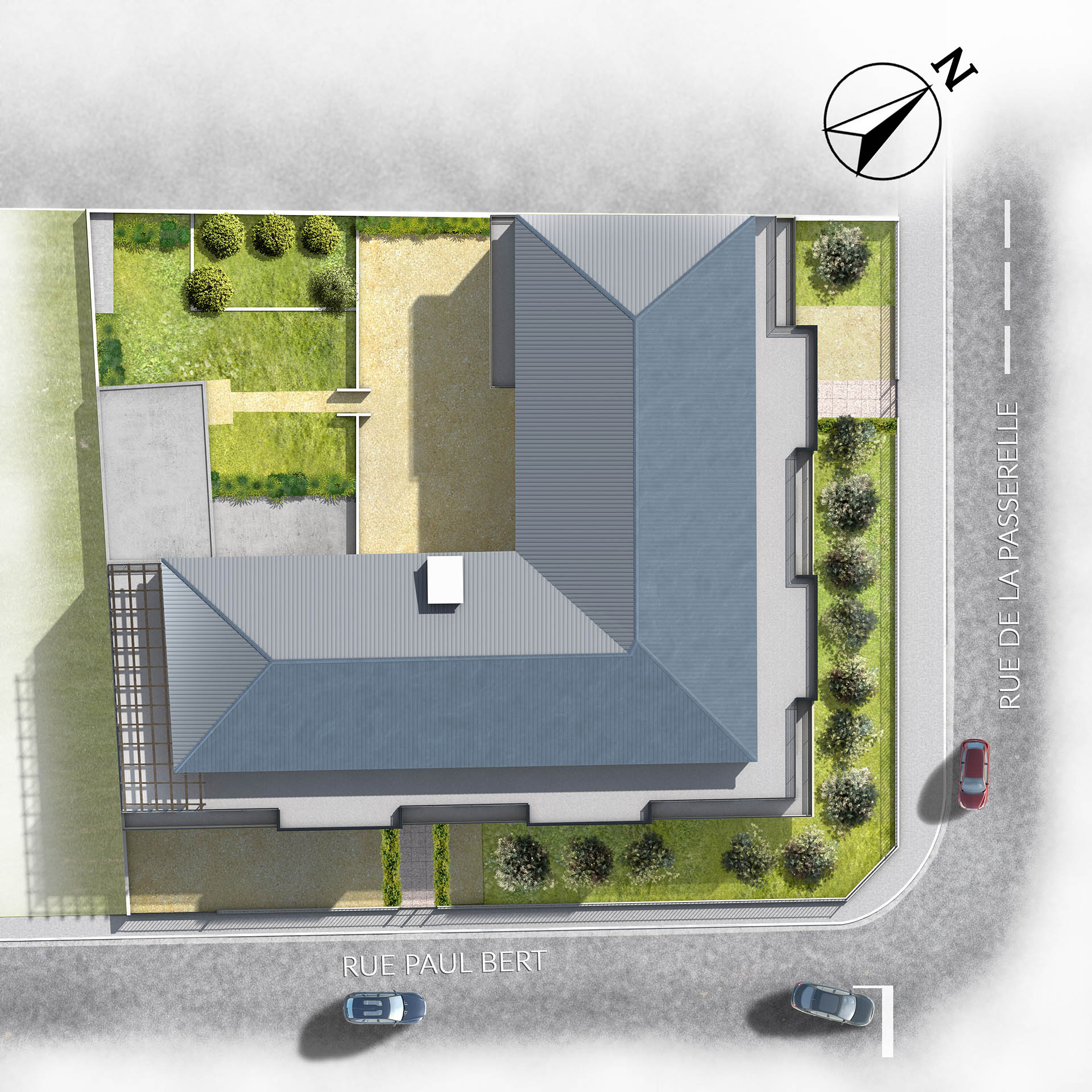 plan de masse 3D montrant l'implantation du projet Les Terrasses de Chilly